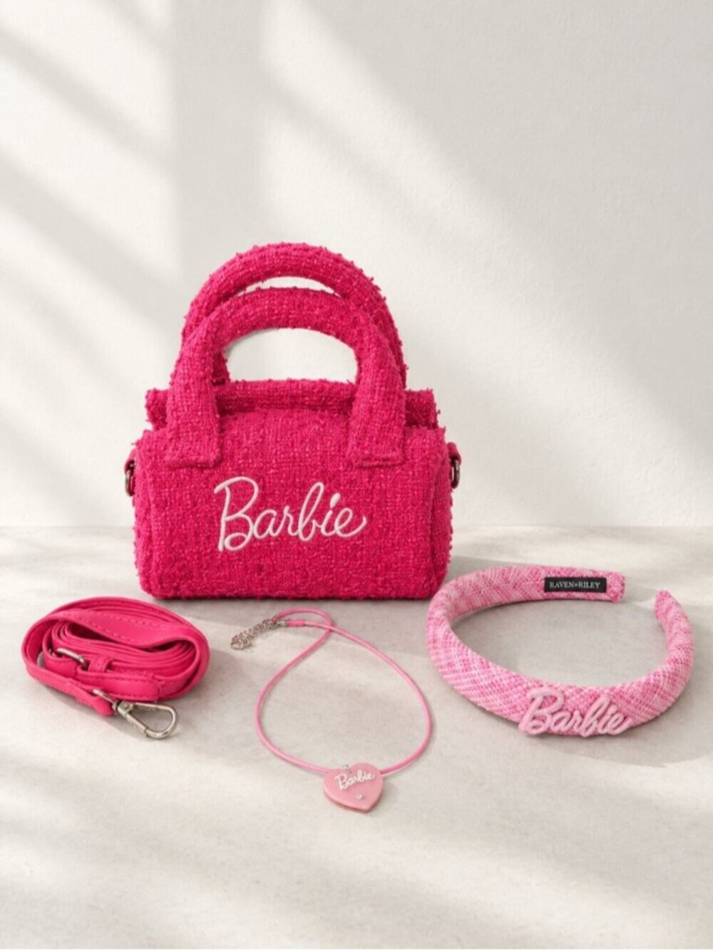 Barbie Hot Pink Tweed Mini Handbag Set Crossbody Headband Necklace NWOT 0882